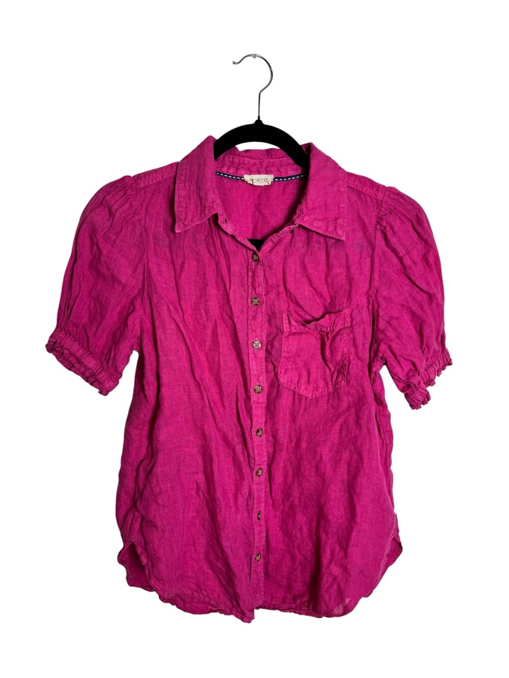 Pilcro Anthropologie Short Sleeve Linen Button Down Blouse Magenta Puff Sleeve